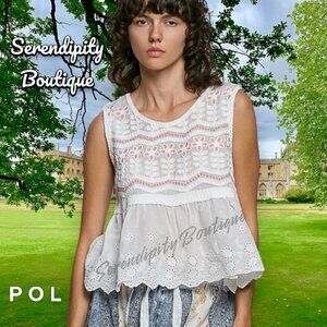 POL Sweet Girly Daisy Pattern Cotton Eyelet Lace Sleeveless Ruffle Hem Top